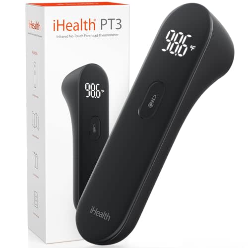iHealth No-Touch Digital Forehead Thermometer for Adults, Babies, Kids - FSA HSA Eligible, 3 Ultra-Sensitive Sensors, Quiet Vibration Feedback, Large LED Digits, Easy to Use for Home, PT3 Black
