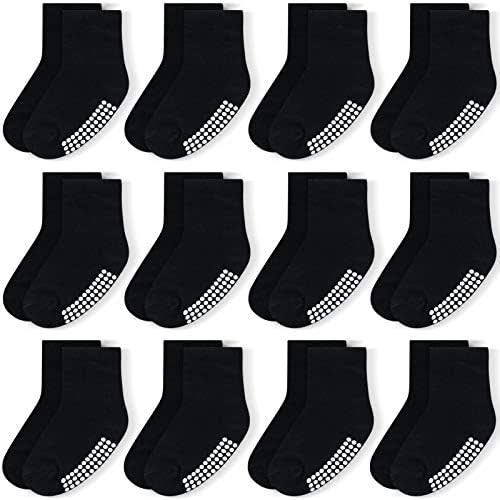 JAKIDAR 12 Pack Baby Socks Cotton Crew Toddler Socks Grips Non Slip Bottom Kids Socks