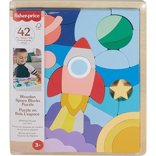 Fisher-Price Preschool Toy Wooden Space Jigsaw Puzzle with Stacking Blocks, 42 Wood Pieces for Sorting Play Ages 3+ Years