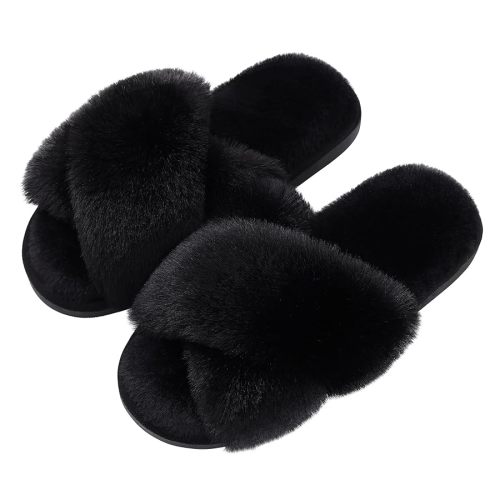 Evshine Women's Fuzzy Slippers Cross Band Memory Foam House Slippers Open Toe