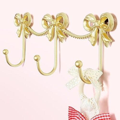 Gold Bow Hooks for Girls: Cute Triple Bows Hooks Wall Mount for Nursery Bedroom Bathroom for Hanging Towel Bag Robe Jewelry - Metal 3 Hooks Coquette Room Decor for Girly Daughter Kids Baby