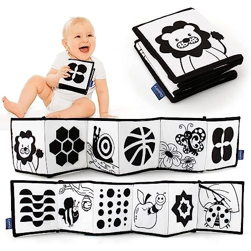 KaPing My First Black and White High Contrast Soft Book , Infant Tummy Time Toys, Black and White Baby Cards, Folding Educational Activity Cloth Book Suitable for Boys Girls Toddler