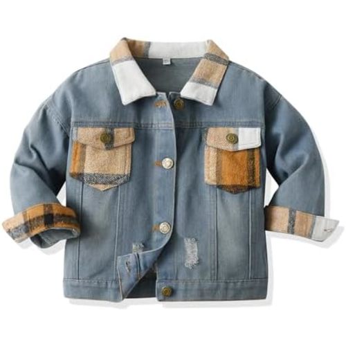 Feidoog Baby Boys Plaid Denim Jacket Toddler Button Down Long Sleeve Lightweight Denim Jackets Outerwear