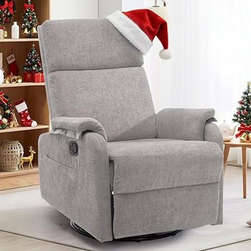 Korser Recliner Chairs, Swivel Rocking Recliner Chair for Adults, Glider Rocking Chair, Small Nursery Recliner for Living Room, Reclining with Modern-Designed Armrests, Chenille, Grey