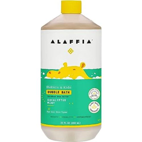 Eucalyptus Mint Alaffia Babies and Kids Bubble Bath, Gentle Baby Essentials for Delicate Skin, Cleansing & Calming Bubbles, Plant Based Formula, Vegan, Eucalyptus Mint, 32 Fl Oz