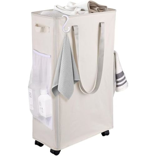 Laundry Basket with Wheels, 75L Foldable Laundry Baskets, Slim Laundry Hamper, Dirty Laundry Basket for Corner Dorm, Slim Laundry Basket, Beige