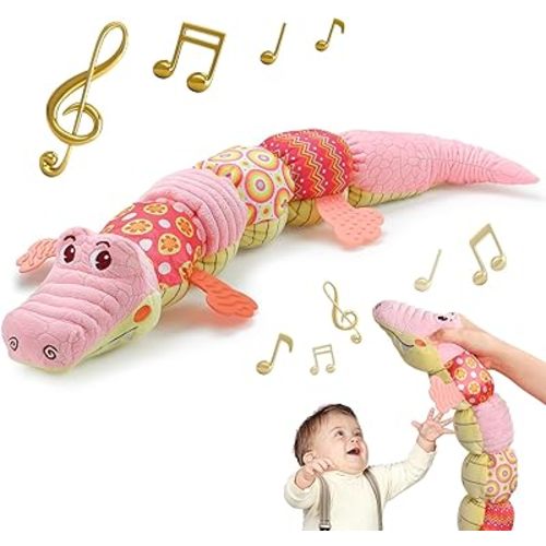 Sumobaby Baby Toys Musical Crocodile, Stuffed Animal Activity Soft Toys with Teether,Multi-Sensory Crinkle, Rattle and Textures, for Tummy Time Baby Toys 0 to 12 Months Boys, Girls, Alligator (Pink)