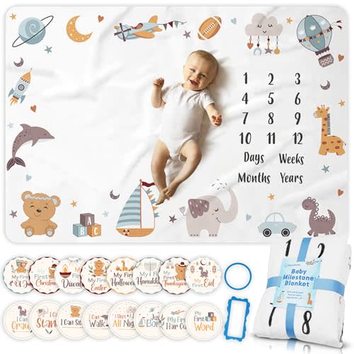 OSTANDRAFFE Monthly Milestone Blanket for Baby Boy, Premium Soft Fleece Blanket, First 12 Months Growth Chart, Large Size 60" x 40", 16 Milestone Stickers, for Boys