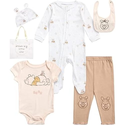 Disney Newborn Baby Girl Boy Clothes - 7 Piece Mickey Mouse Winnie the Pooh Bib Onesie Overall Beanie Pants Gift Bag Gift Set