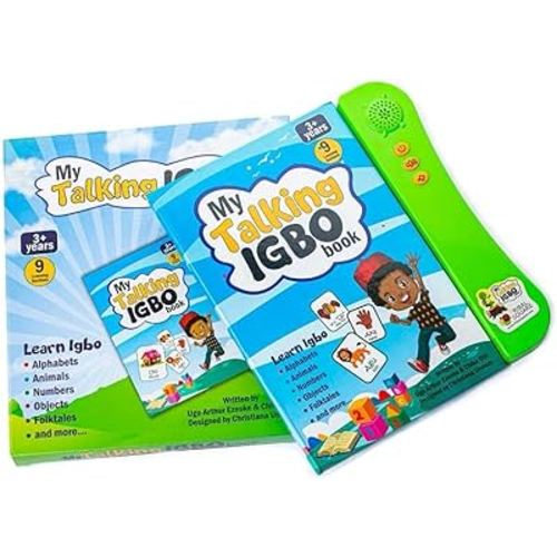 My Talking Igbo Book, Press Play & Listen; A vividly illustrated Igbo Children's learning toy sound book. It has alphabets, numbers, body parts, family, occupations, cultural titbits, folktales, etc.