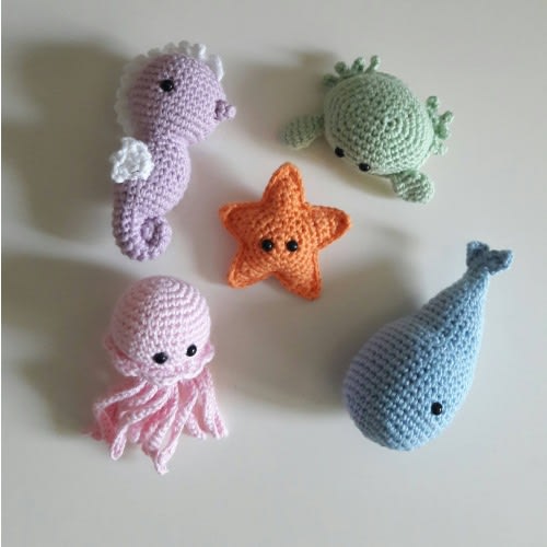 Set 5 sea animals,baby gift,Crochet sea animals,Sea decor,Seahorse,Jellyfish,Ocean baby play gym toys crochet toy,car seat toy,Nursery baby