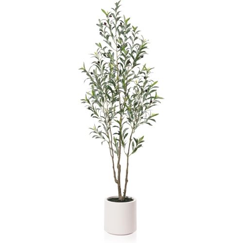 LOMANTO Artificial Olive Trees, 6 ft Tall Fake Olive Trees for Indoor, Faux Olive Silk Tree, Large Olive Plants with White Planter for Home Decor and Housewarming Gift, 1 Pack