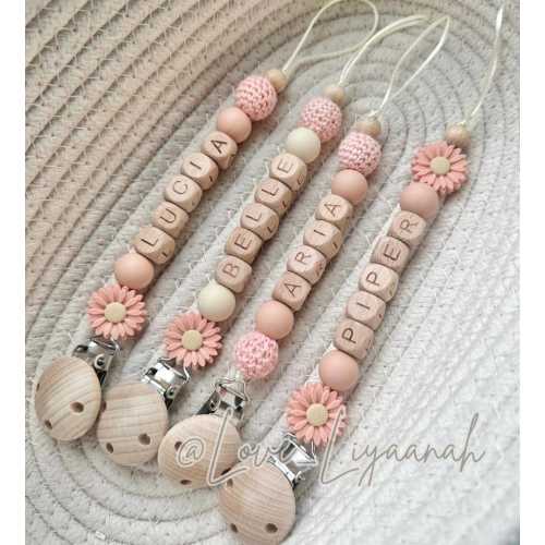 Personalised flower daisy dummy clip: peach crochet beaded pacifier holder