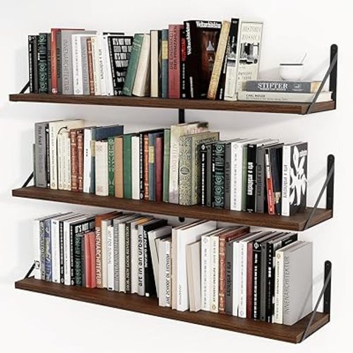 36 Inch Floating Bookshelves Set of 3,Heavy Duty Wall Mounted Bookshelves,Bookshelf for Living Room,Bedroom,Kitchen,Laundry Room Storage & Decor-Walnut Color