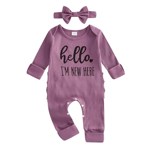 FIOMVA Im New Here Newborn Outfit Girl Long Sleeve Letter Romper Ribbed Knit Jumpsuit Baby Girl Preemie Coming Home Outfit