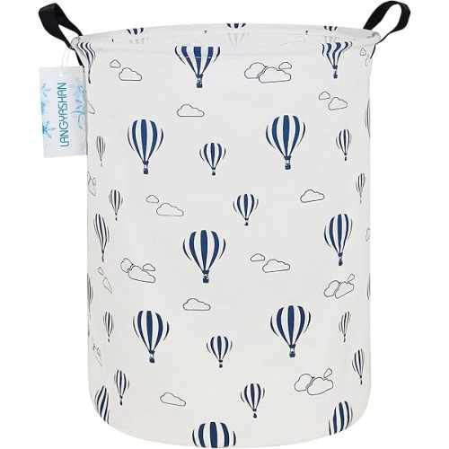 LANGYASHAN Laundry Basket Canvas Fabric Collapsible Organizer Basket for Storage Bin Toy Bins Gift Baskets Bedroom Clothes Children Nursery Hamper (Round Blue Balloon)