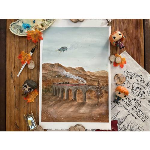 Wizard Magic World Print Signed- Express train and Ford Anglia - Fall and Halloween vibes with gold insert - magic school