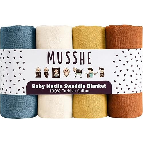 Muslin Swaddle Blankets - 4 Pack, 100% Organic Turkish Cotton Baby Blankets, Soft & Breathable Newborn Swaddles, Baby Wrap for Boys & Girls, Ideal for Sensitive Skin (4 Pcs, 40x40 Inch)