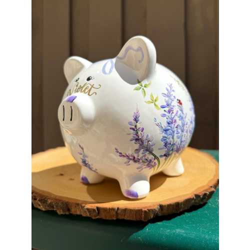 Hand-Painted Piggy Bank: Lavender Field, Keepsake, Nursery Decor, Unique Baby Gift