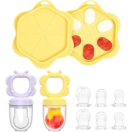 Silicone Baby Fruit Food Feeder (2 Pack) with Freezer Nibble Tray, Breastmilk Popsicle Molds for Baby Teething Relief, Feeder for Safe Infant Self Feeding, BPA Free, Dishwasher Safe (Yellow)