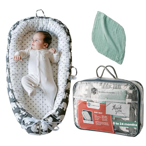 TKC Baby Lounger 0-24 Months, Adjustable Baby Lounger for Newborn, Breathable Organic Cotton Infant Lounger Cover, Sleeper for Baby in Bed Floor Seat, Reversible, Baby Nest Lounger, Include Baby Bib