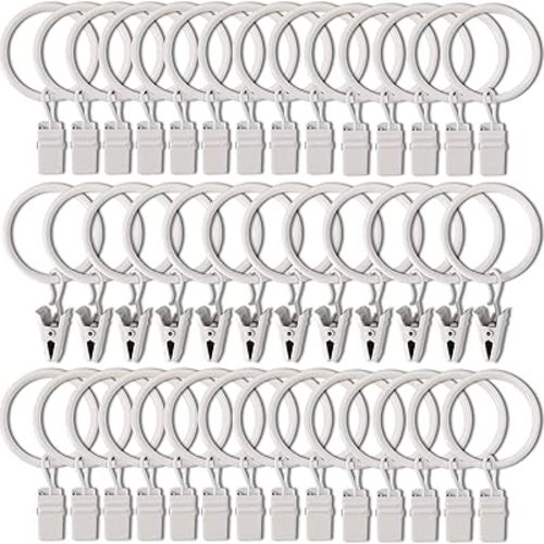 AMZSEVEN 40 Pack Curtain Rings with Clips, Drapery Clips with Rings, Drapes Rings 1.26 in Interior Diameter, Fits up to 1 in Curtain Rod, White