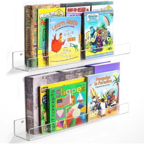 Niubee, 24 Inch Acrylic Floating Shelves, 5MM Thick Clear Wall Shelves, 2 Pcs, Rounded Edge Safety