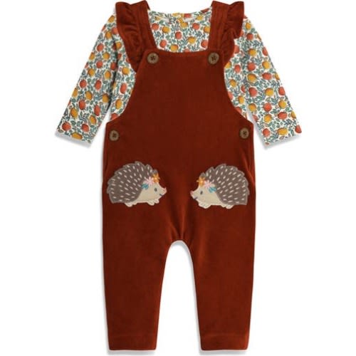 Print Long Sleeve Top & Hedgehog Appliqué Corduroy Overalls Set
