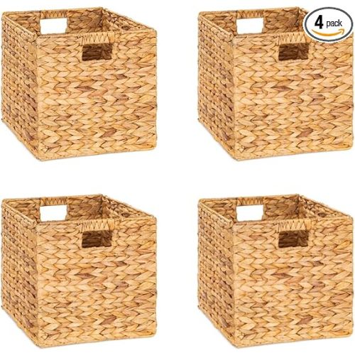 10.5 x 10.5 Storage Cubes – Water Hyacinth Wicker Baskets for Organizing, Wicker Storage Cubes, Storage Baskets for Shelves (4 Packs 10.5in)