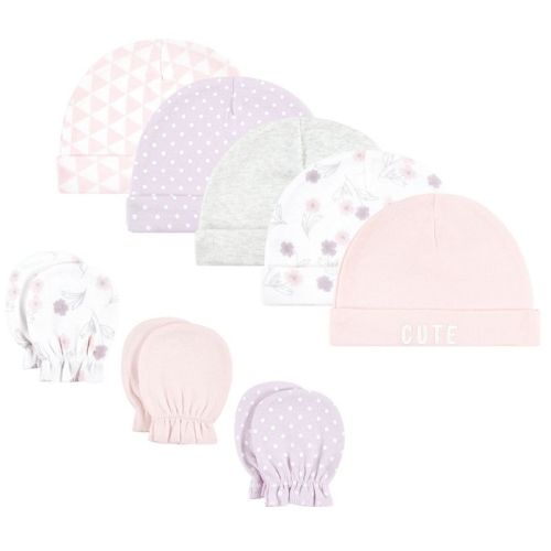 Hudson Baby Infant Girl Cotton Cap And Scratch Mitten Set, Lavender Floral, 0-6 Months