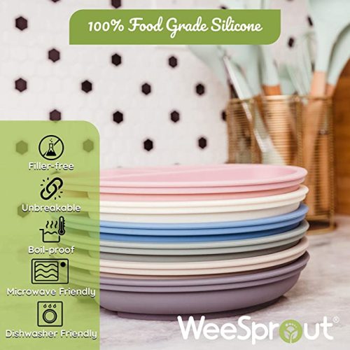 WeeSprout Suction Plates with Lids for Babies & Toddlers - 100% Silicone, Dinnerware Stays Put, Divided Design for Picky Eaters, Microwave & Dishwasher Friendly, 3 Pack - Matte Dark Grey, Off White & Tan - With Lids