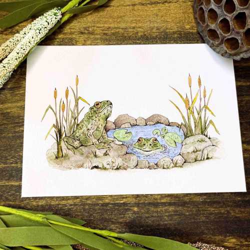 Sweet Frogs in a Pond Watercolor Art Print - Frog Art - Nature Lovers Gift- Original Art