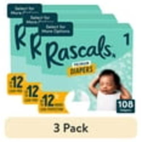 (3 pack) Rascals Premium Absorbent Baby Diapers Size 1, 108 Count (Select for More Options)