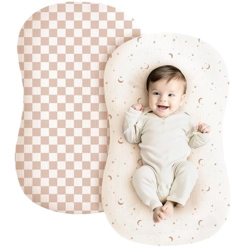 Konssy Muslin Baby Lounger Cover 2 Pack, 100% Cotton Newborn Lounger Cover, Soft and Breathable Lounger Slipcover for Boys Girls, Covers Only (Coffee Check,Moon)