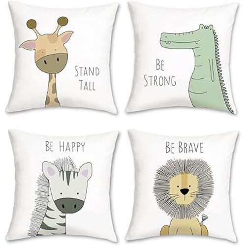 Bonhause Kids Animals Throw Pillow Covers 18x18 Inch Set of 4 Giraffe Lion Zebra Crocodile Pillows Soft Velvet Cushion Covers for Baby Room Kids Bedroom Decor