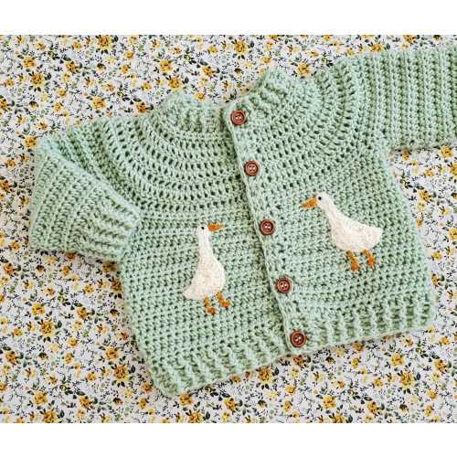 Hand Crocheted Embroidered Goose Baby/Toddler Cardigan (available in many colours)