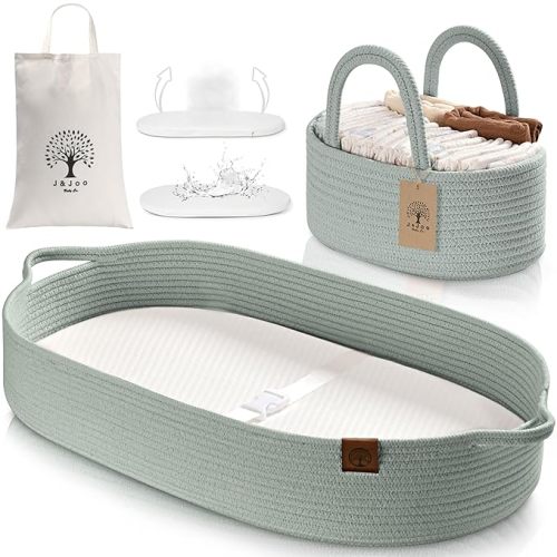 J&JOO Baby Changing Basket includes Diaper Caddy - Soft & Waterproof Dual-Cover, Portable, Changing Pad for Dresser & Changing Table, Gift for Baby Shower, Organic Cotton Rope