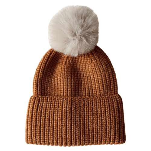 Rib Knit Fur Pom Hat, Toffee