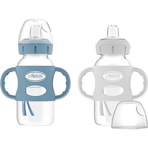 Dr. Brown's Milestones Wide-Neck Sippy Spout Bottle with 100% Silicone Handles, Easy-Grip Handles with Soft Sippy Spout, 9oz/270mL, Light-Blue & Gray, 2-Pack, 6m+