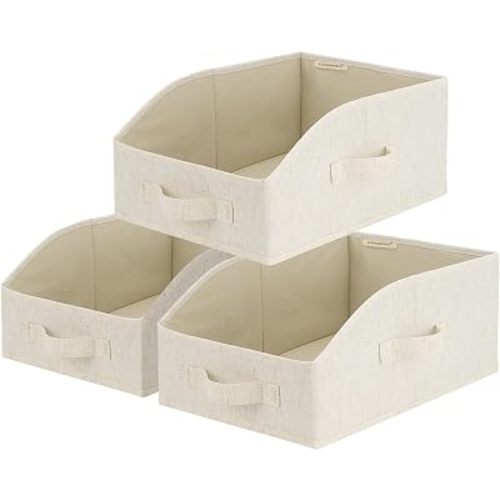 StorageWorks Closet Baskets for Organizing, Trapezoid Storage Bins, Linen Closet Organizers and Storage, Clothes Storage Baskets, Medium, Beige(Cotton-linen), 3-Pack