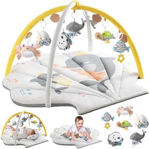 Shell Baby Play Mat, Play Mat for Babies 0-6 6-12 Months, Tummy Time Mat w 6 Detachable Toys, Enlarged Infant Activity Mat for Sensory & Motor Skill Development Boho Ocean Theme Baby Play Gym (White)