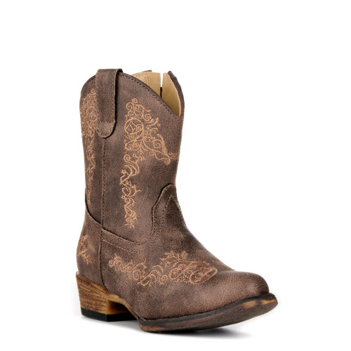 Roper Toddler Girls' Riley Scroll Vintage Brown Faux Leather Snip Toe Cowboy Boots