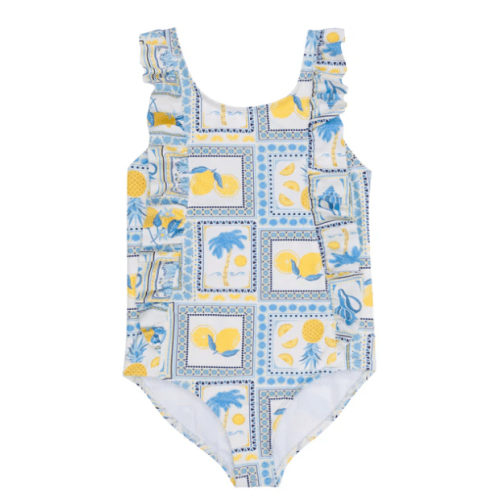 12-18 Months, Girls Ruffle One-Piece Swimsuit | "Too Sweet" Mediterranean Lemons