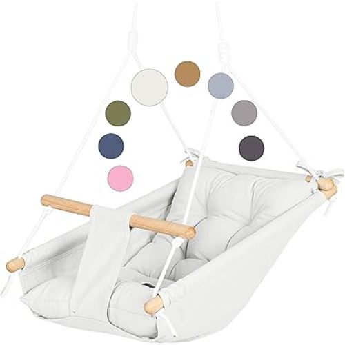 CaTeam Canvas Kids Swing, Wooden Hanging Seat Chair with Safety Belt, Durable Toddler Seat, Suitable for Outdoor and Indoor Use, Mounting Hardware Included, Ivory