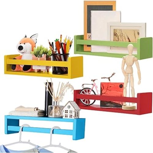 Set of 4 Nursery Book Shelves Floating Bookshelves Nursery Shelves for Wall Book Shelf Organizer Bathroom Storage Rack for Wall Decor(16 in,Rainbow)