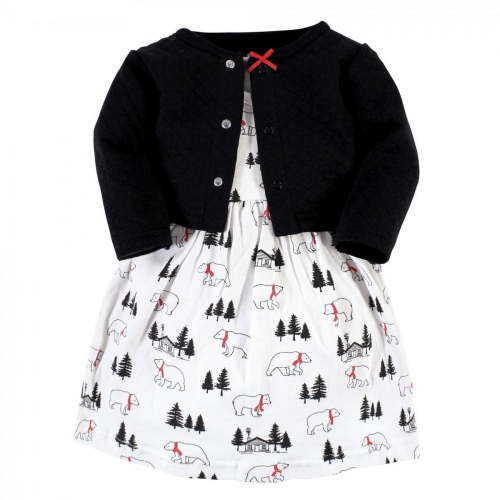Hudson Baby Toddler and Baby Girl Quilted Cardigan and Dress, Winter Bear, 6-9 Months