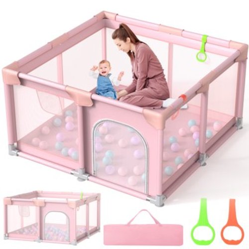 JoyStone Baby Playpen, 50 x 50 in, Non-Slip Base, Soft Mesh Sides, 2 Pull-up Rings, Carry Bag, Pink