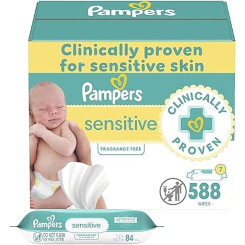 Pampers Baby Wipes Sensitive, Water Based Wipes, Hypoallergenic and Unscented Wipes, 588 Wipes Total (7 Refill Packs)