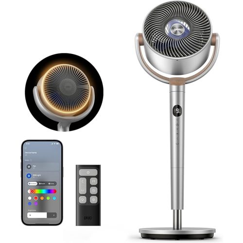 DREO Smart Fans for Bedroom, 120° +120° Omni-Directional Oscillating Fan, 100ft Quiet Pedestal Fan with RGB Light, 9 Speeds, 6 Modes, 20dB, 8H Timer, Wi-Fi/Voice, 35-40" Floor Fans with Remote, Silver