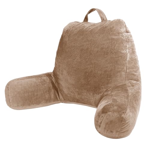 Sasttie Reading Pillow, Velvet Back Pillow for Bed Sitting Up, Adult Back-Rest Support Cushion with Arms for Sit Up on Couch, Sofa, and Floor, Dorm Essentials, Reading Accessories, Light Brown